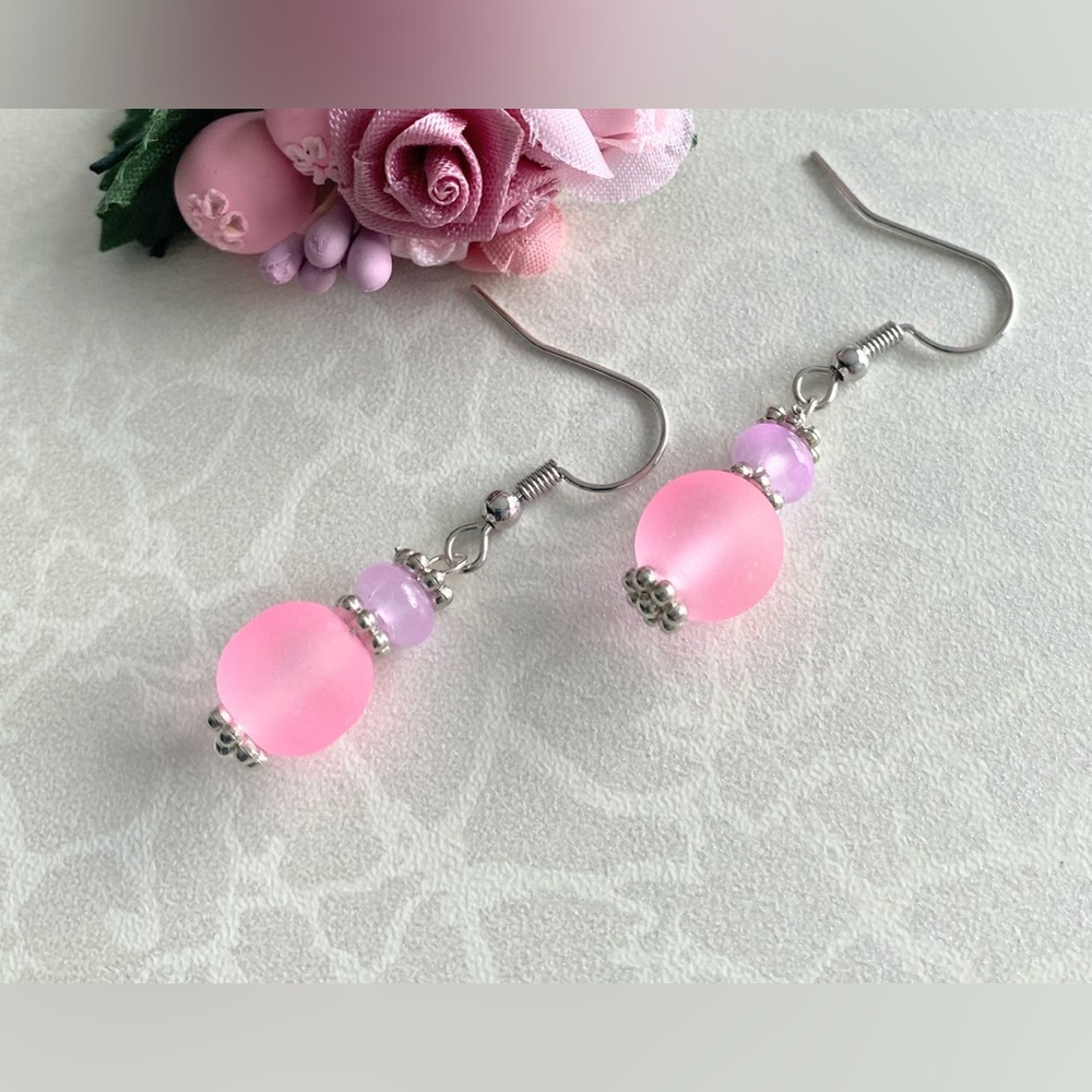 Hand Crafted Pink Frosted Bead Dangle Earrings